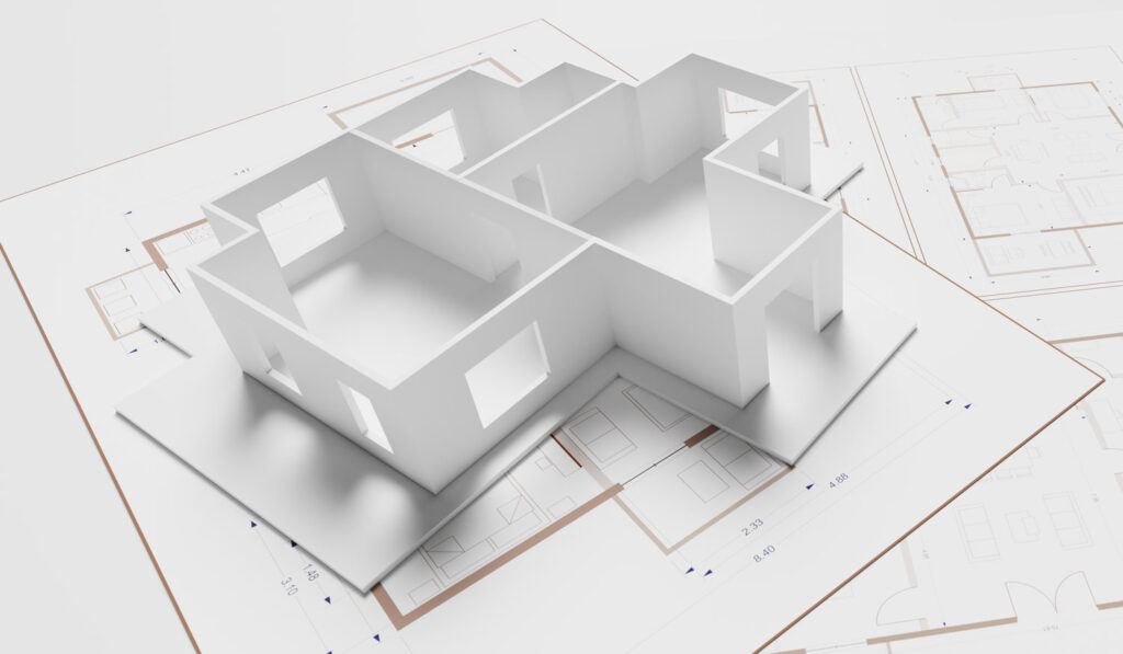 3D rendering of a modern white floor plan for a house, surrounded by black and white architectural drawings and measurements, on a white background with a grid pattern.