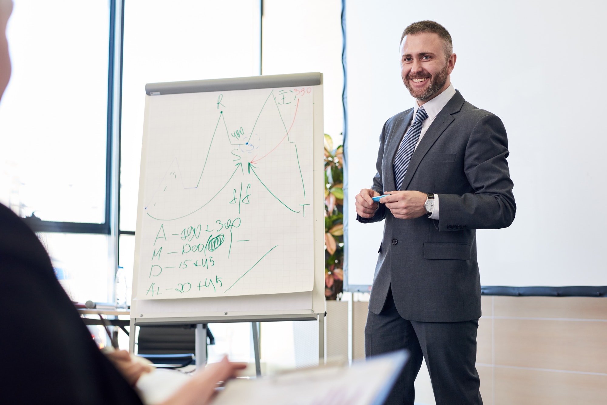 Man in suit explaining a diagram drawn with green marker on a whiteboard in a conference room, holding a blue marker, and a city skyline visible through the large window in the background.